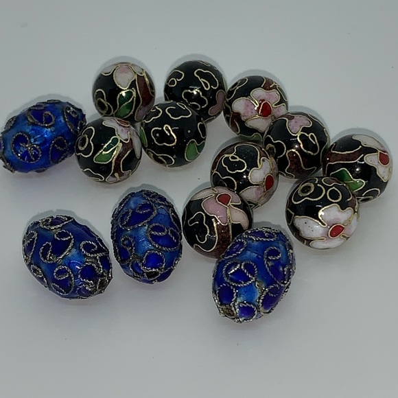 14 Blue and Floral Vintage Cloisonné Beads ! - Picture 4 of 4